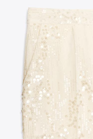 PANTALON DROIT À SEQUINS - Blanc cassé de Zara - Image 4