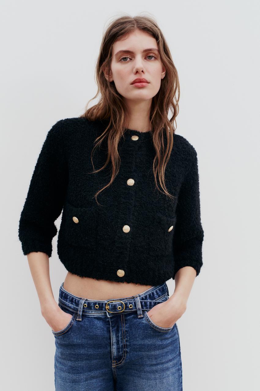 KNIT CARDIGAN WITH GOLDEN BUTTONS - Black