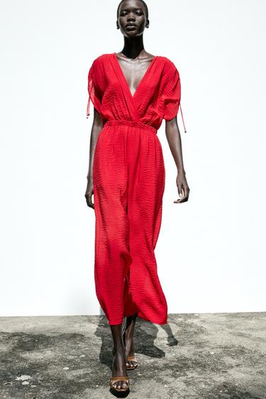 WIDE-LEG V-NECK JUMPSUIT - Red by Zara - Image 4