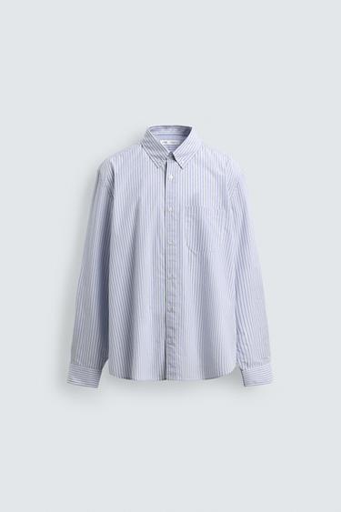 Zara STRIPED POCKET SHIRT - Sky blue