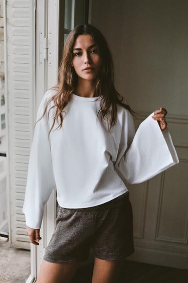 Zara COTTON WIDE-SLEEVE T-SHIRT - White
