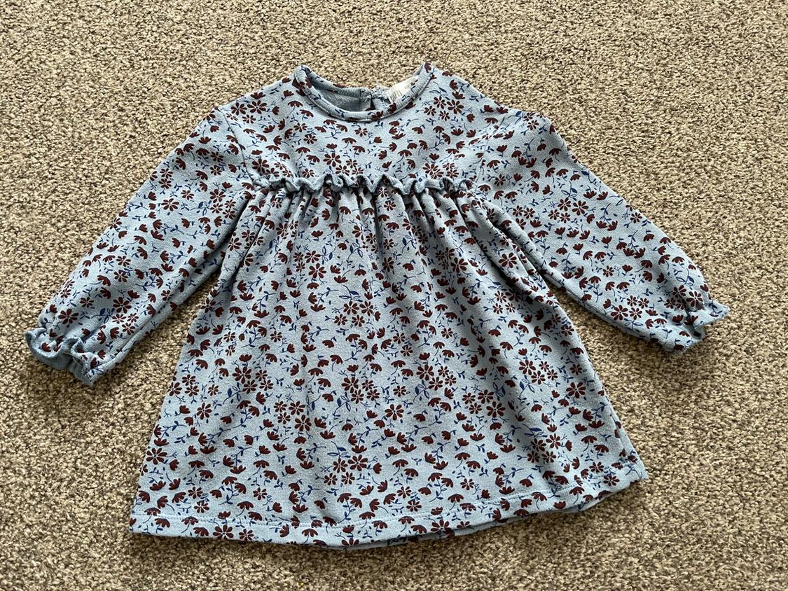 Light blue child's dress with brown and blue floral print, long sleeves, on a beige rug.
