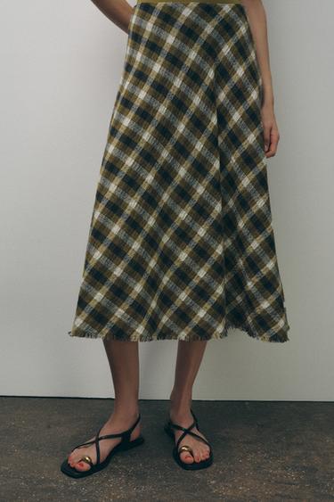 Zara ZW COLLECTION 格紋中長裙 - 卡其色
