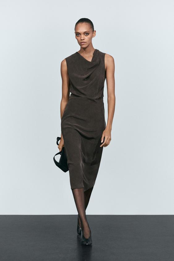 Zara Draped detail midi dress - Chocolate - Image 0