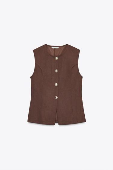 Zara TWILL BUTTON VEST TOP - Brown - Image 0