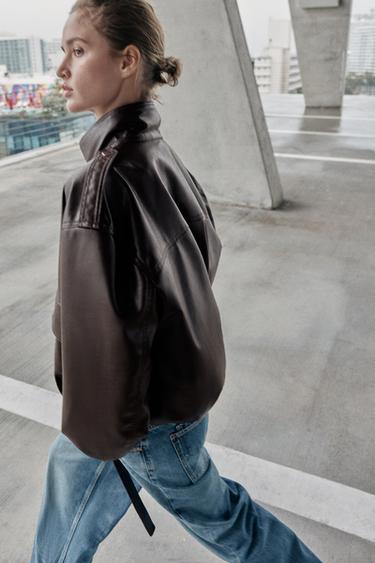 LEATHER EFFECT BOMBER JACKET - Dark brown by Zara - Image 4