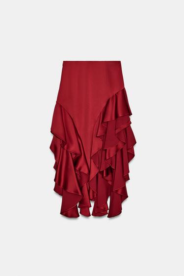 JUPE MIDI À VOLANTS ZW COLLECTION - Rouge de Zara - Image 9