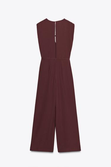 WIDE-LEG JUMPSUIT WITH BELT - Maroon by Zara - Image 4