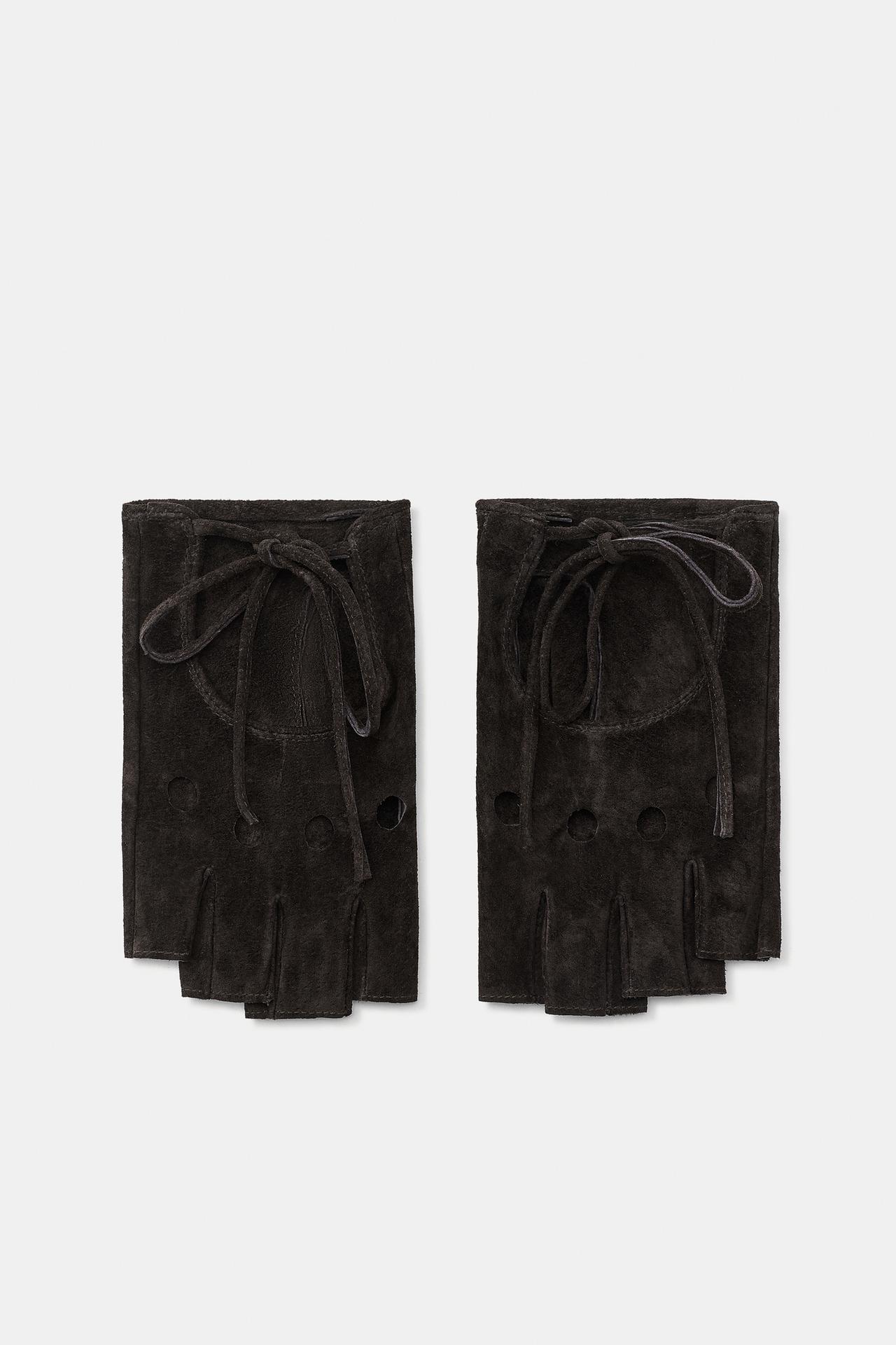 100% SUEDE PERFORATED MITTENS — Brown