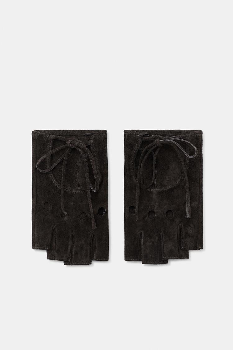 100% SUEDE PERFORATED MITTENS — Brown