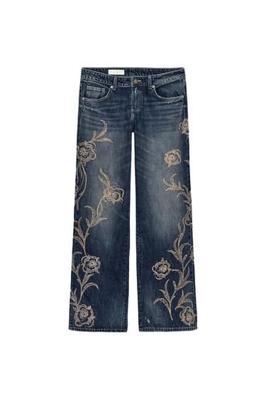TRF LOW-RISE WIDE-LEG JEANS WITH EMBROIDERED RHINESTONES - Navy blue by Zara