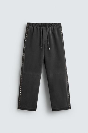 Zara STUDDED FAUX LEATHER RELAXED FIT PANTS - Black