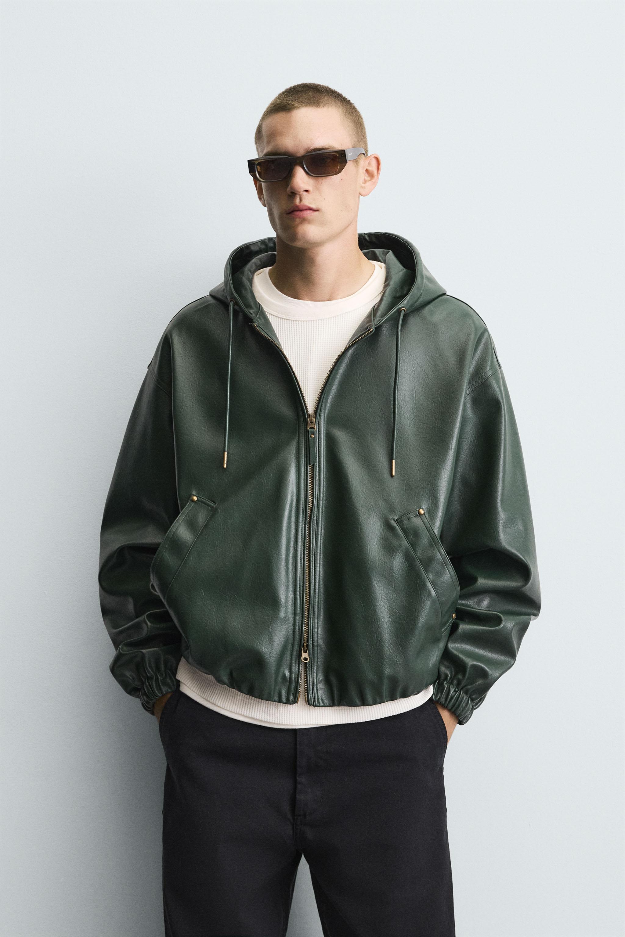 HOODED LEATHER EFFECT JACKET - Green | ZARA New Zealand