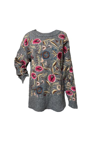 Front view of a grey jumper with floral embroidery in shades of pink, blue and beige.