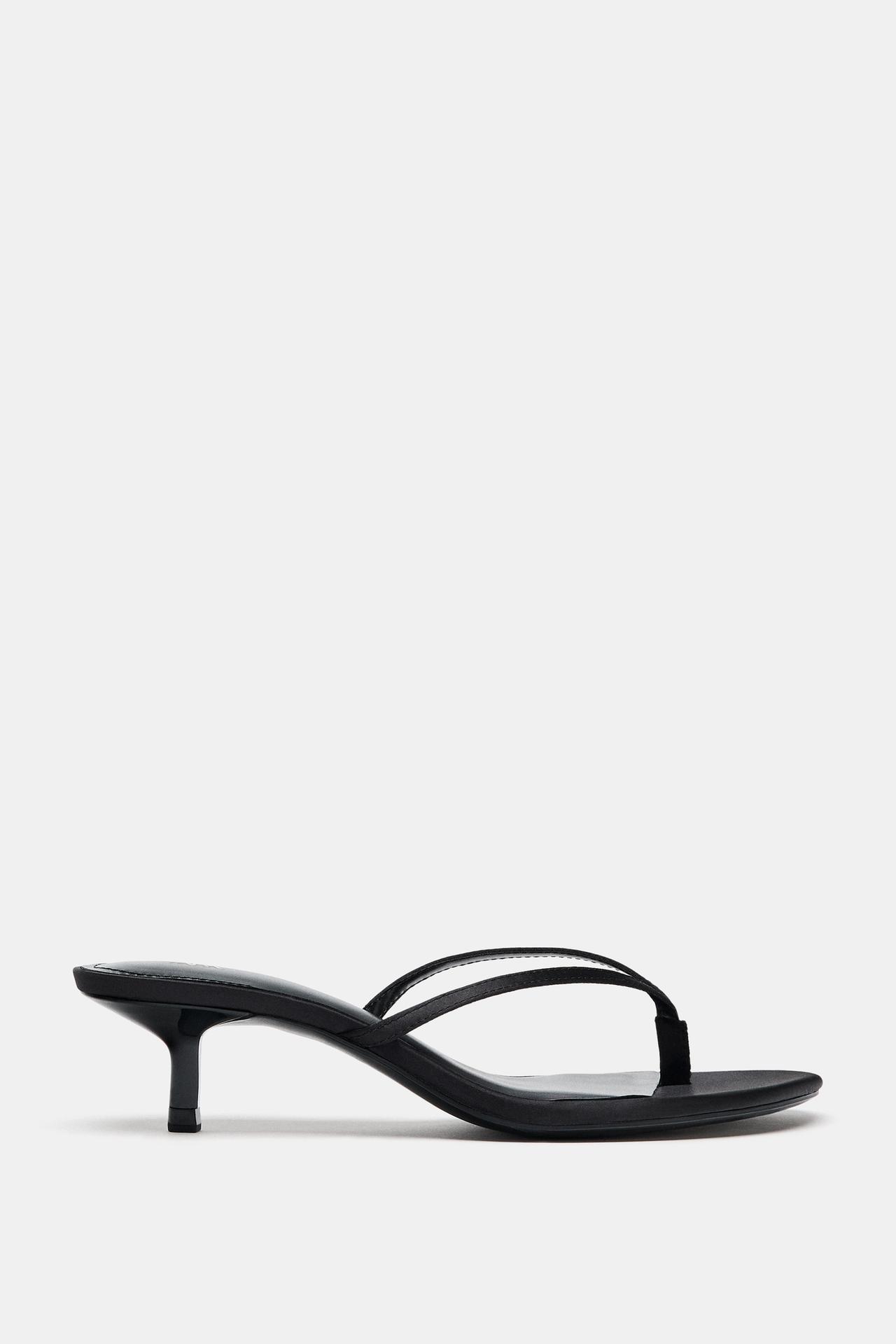 SATIN KITTEN HEEL SANDALS — Black
