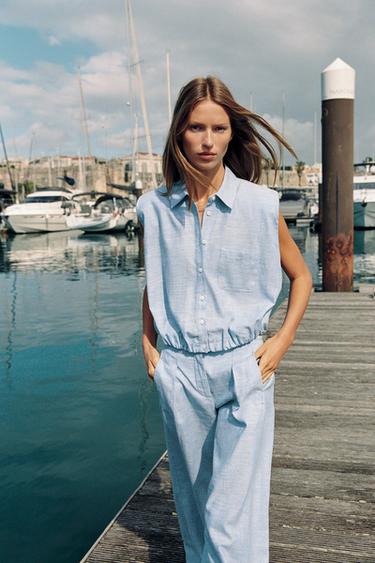 TOP BOUFFANT À ÉPAULETTES EN LIN - Bleu clair de Zara
