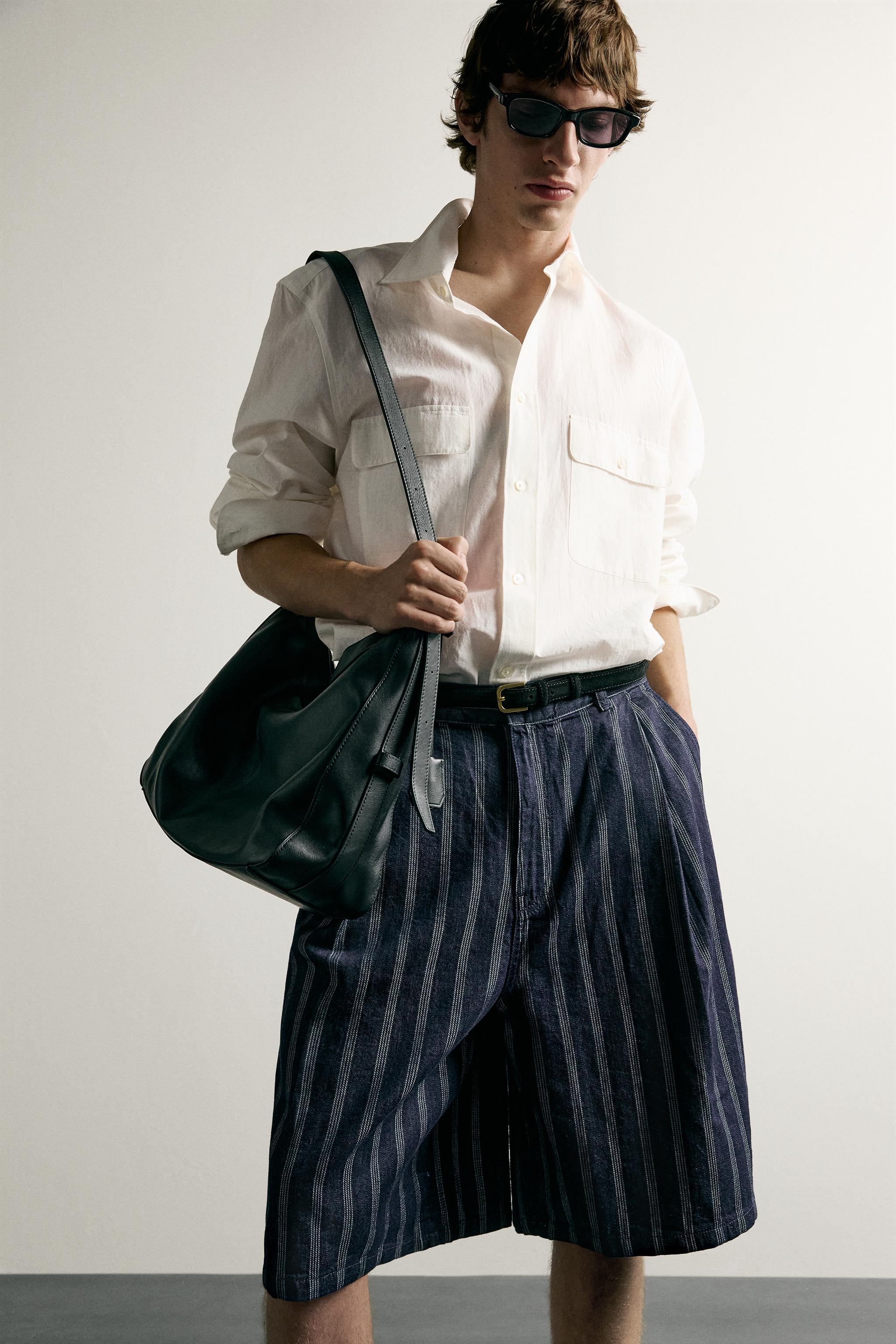 RELAXED FIT PLEATED STRIPED SHORTS