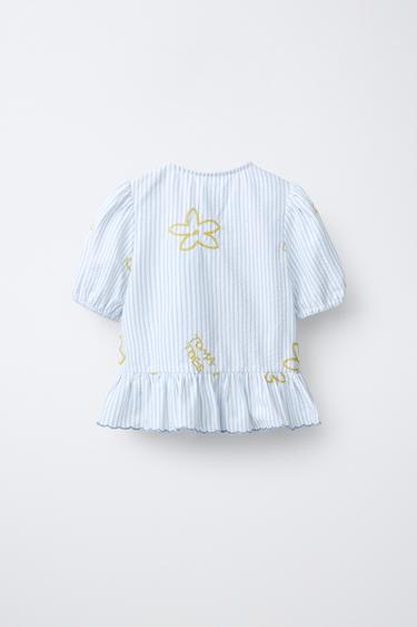 STRIPED BLOUSE WITH EMBROIDERED DETAIL - White / Navy by Zara - Image 1