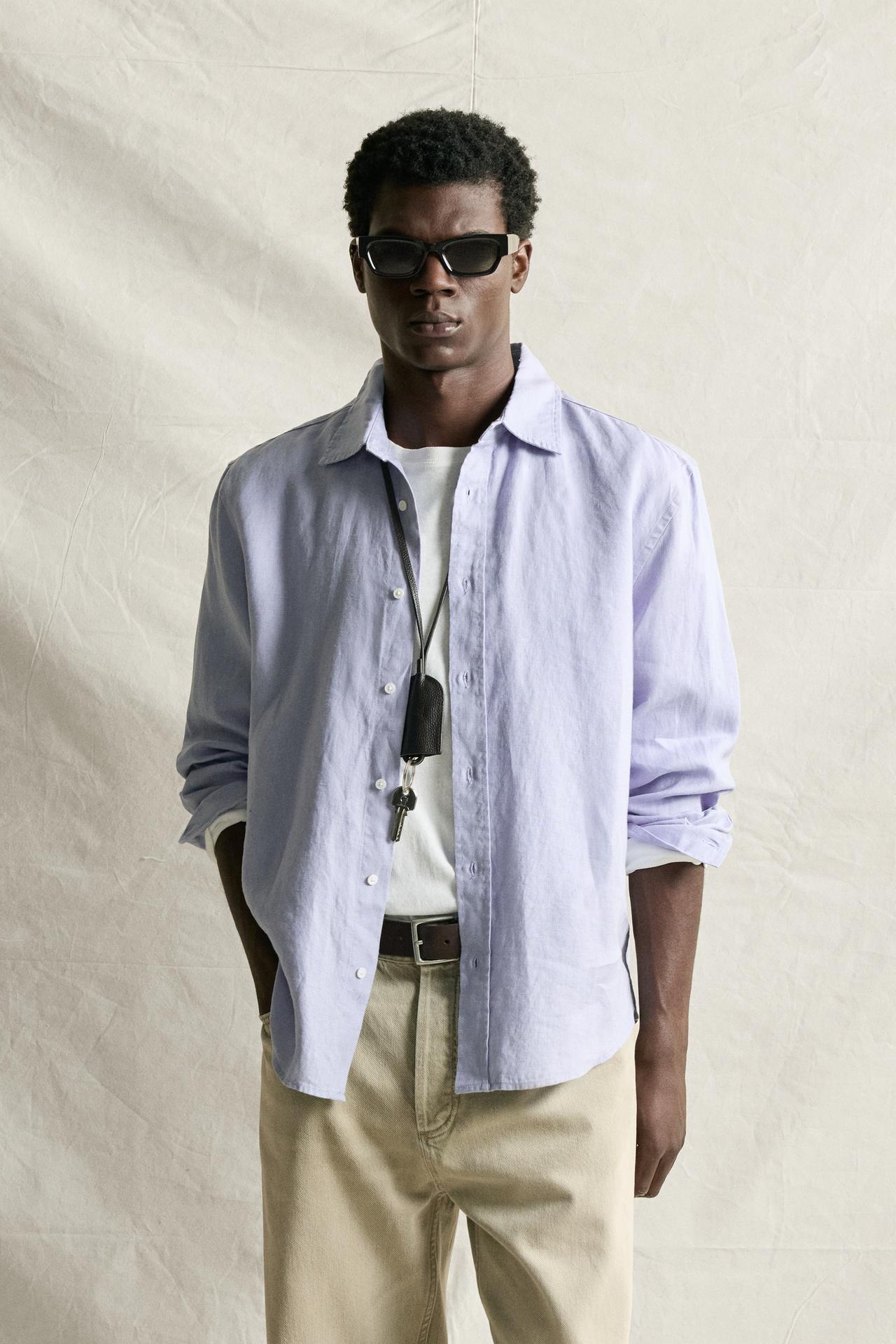 100% LINEN REGULAR FIT SHIRT — Blue / Lavender