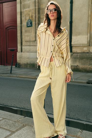 Zara STRIPED LINEN PANTS - Yellow