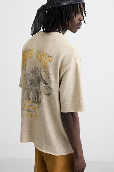 Zara TEXTURED PRINT KNIT T-SHIRT - Ecru