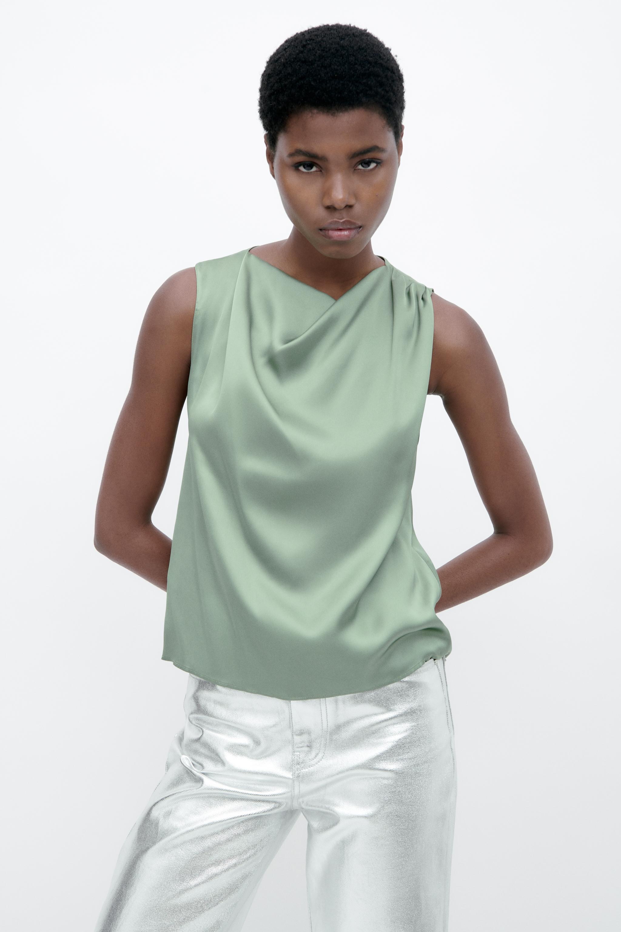 Green satin cheap top zara