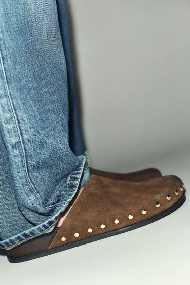 Zara STUDDED LEATHER CLOGS - Brown - Image 0