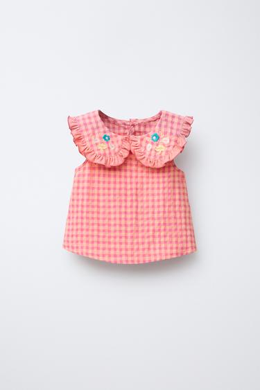 Zara EMBROIDERED PLAID BLOUSE - Pink