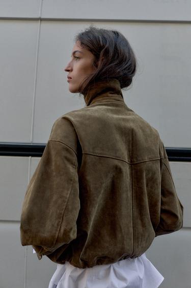 100% LEATHER BOMBER JACKET - Khaki by Zara - Image 6