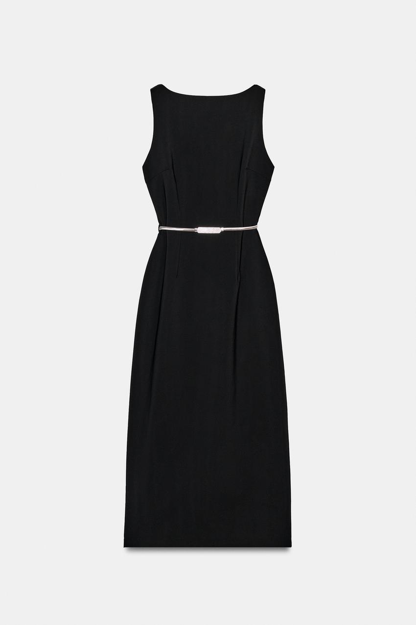 MIDI DRESS WITH SHIMMERING BELT - Black