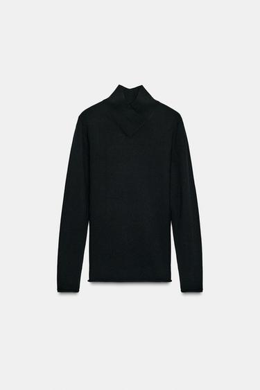 Zara WOOL CROSSOVER HIGH NECK JUMPER - Black