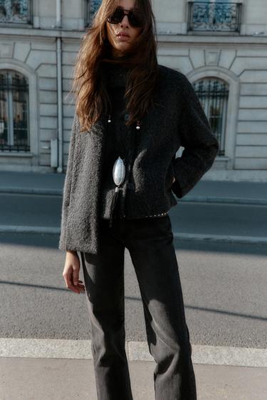 SHORT BOUCLÉ COAT WITH SCARF - Dark grey by Zara