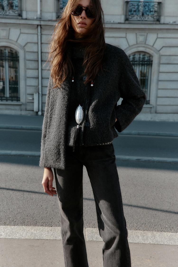 SHORT BOUCLÉ COAT WITH SCARF Dark grey ZARA United Kingdom