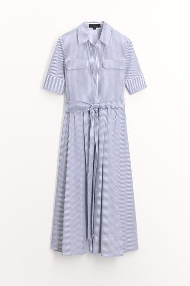 VESTITO IN POPELINE A RIGHE ZW COLLECTION - Bianco / Marino di Zara