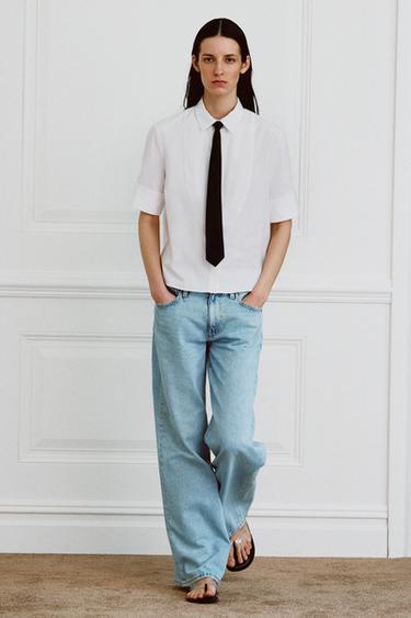 Zara ZW COLLECTION TIE BIB SHIRT - White