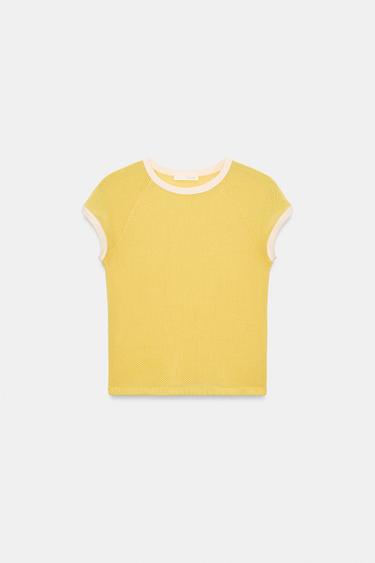 Zara 撞色滾邊 T 恤 - 黃色