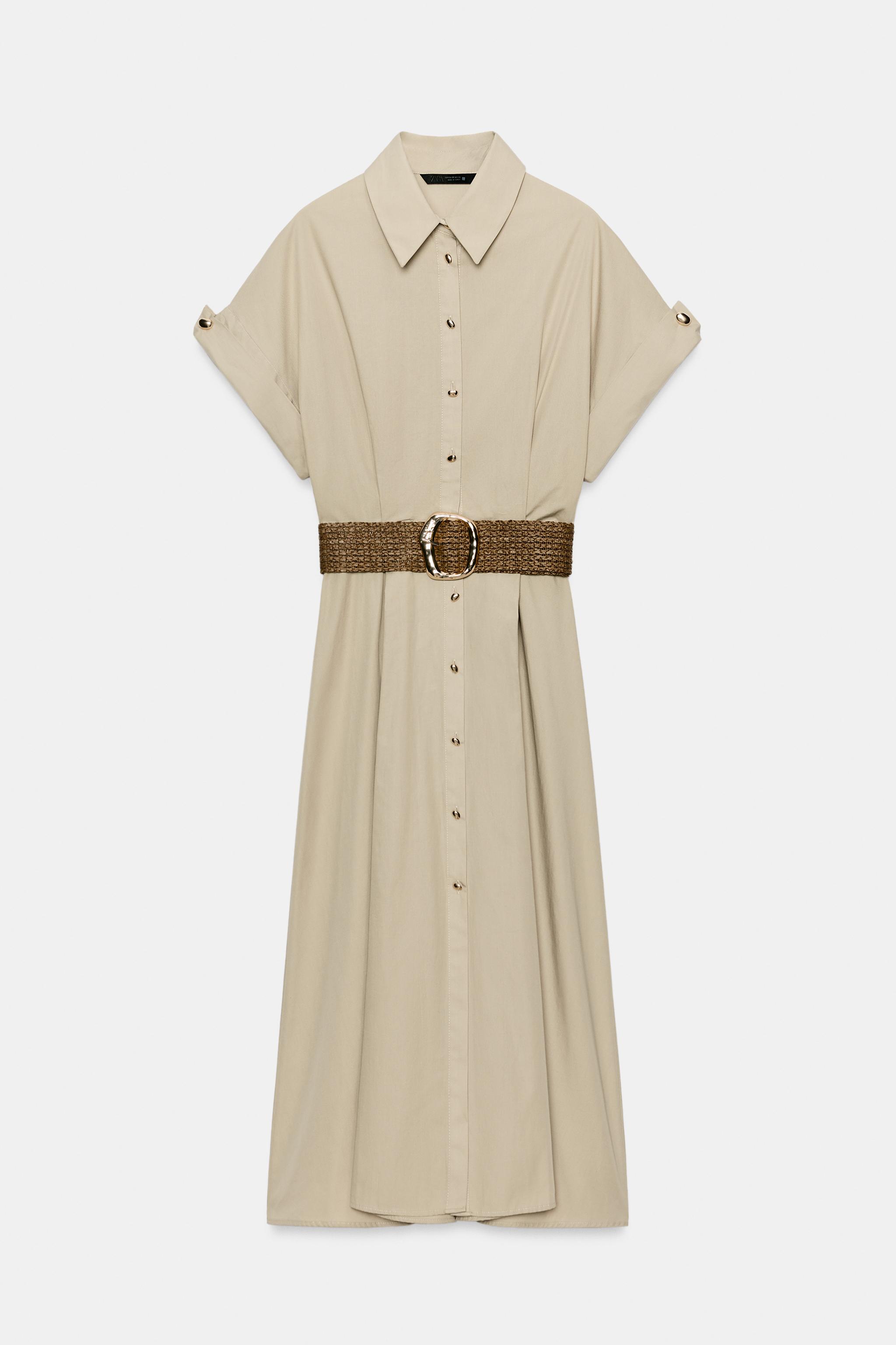 Женские платья Zara BELTED POPLIN MIDI DRESS — фото 6