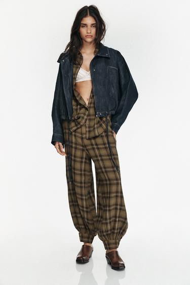 PANTALÓN BOMBACHO CUADROS - Marrón claro de Zara