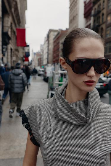 HOUNDSTOOTH LACE TOP - Black / Ecru by Zara