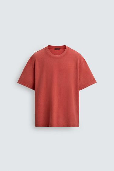 WASHED WAFFLE-KNIT T-SHIRT - Red by Zara