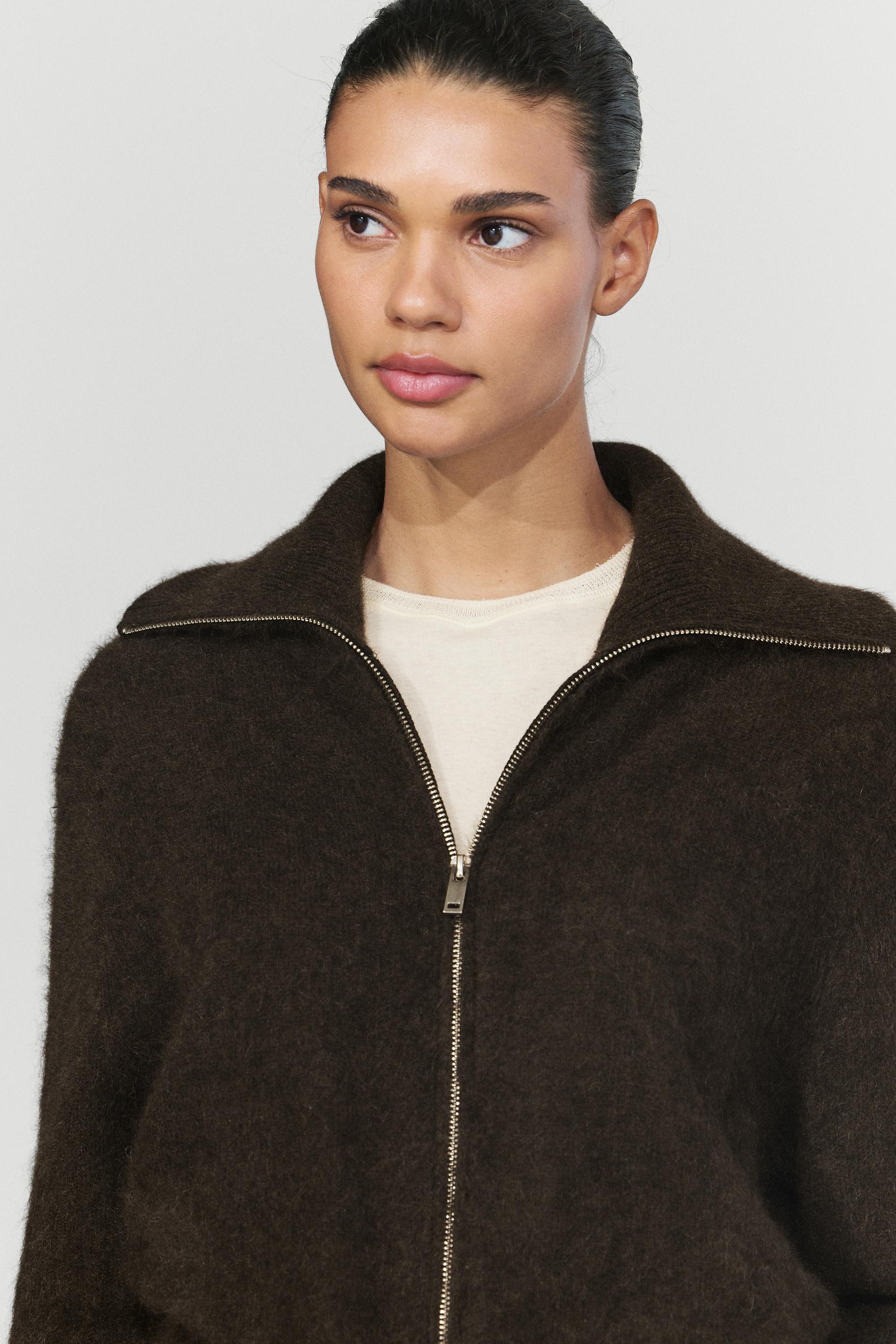 Brushed high-neck knit cardigan