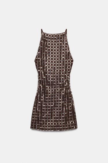 SHORT MESH DRESS WITH SPARKLES - Brown by Zara