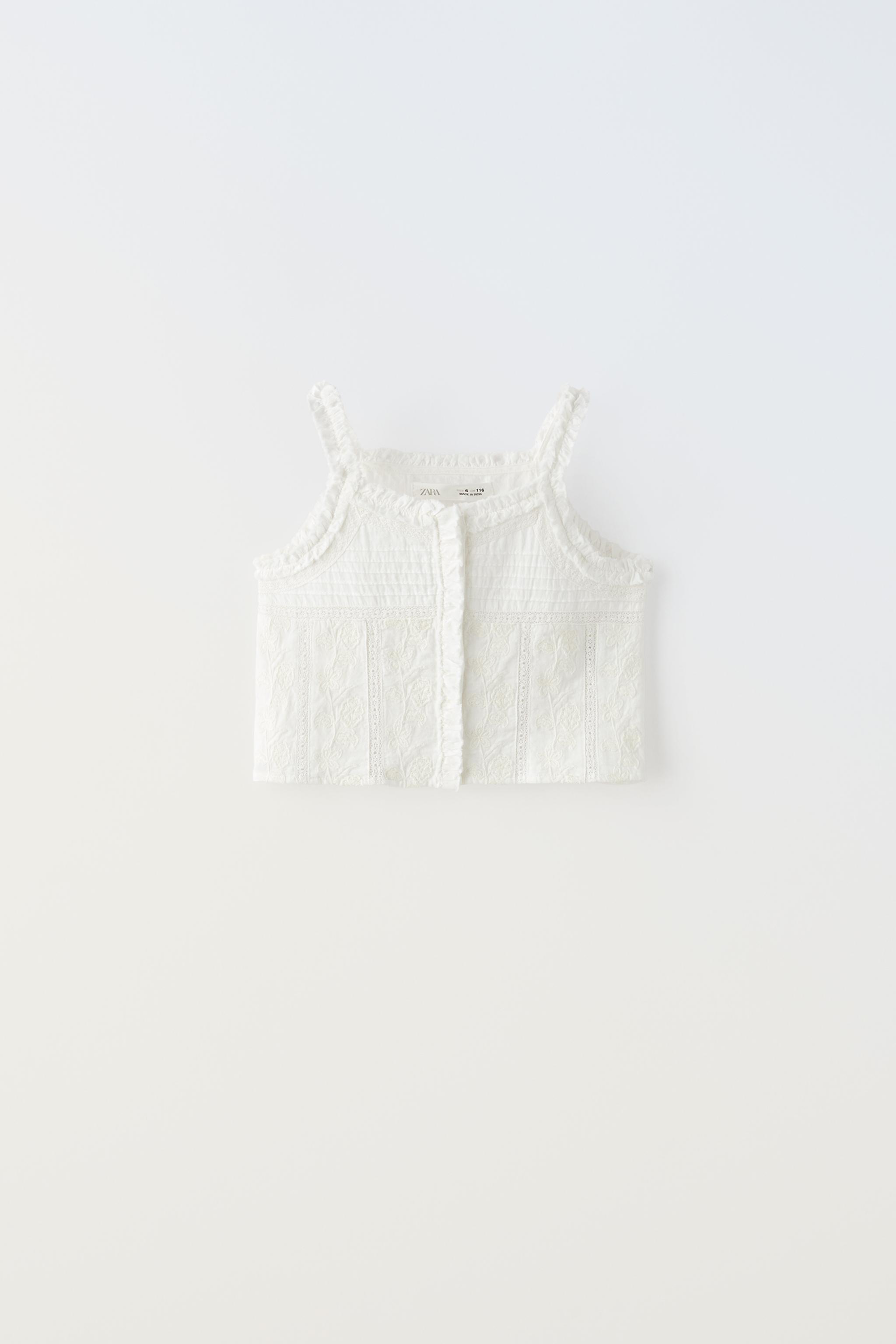 EMBROIDERED TOP WITH RUFFLES - Oyster-white | ZARA India