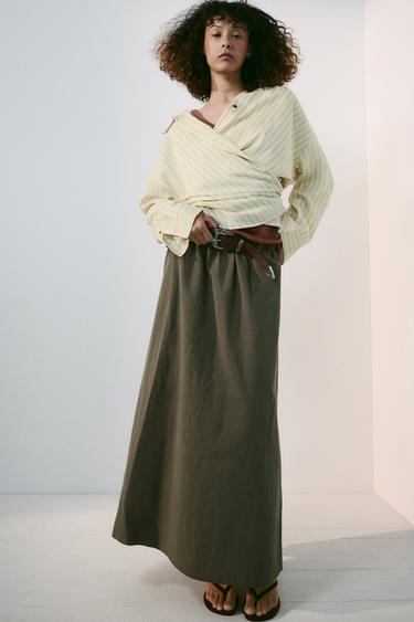 Zara BELTED MIDI CAPE SKIRT - Dark khaki