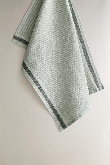 TORCHON WAFFLE À BANDE - Bleu d'eau de Zara