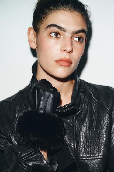 Zara FAUX LEATHER FUR GLOVES - Black - Image 0