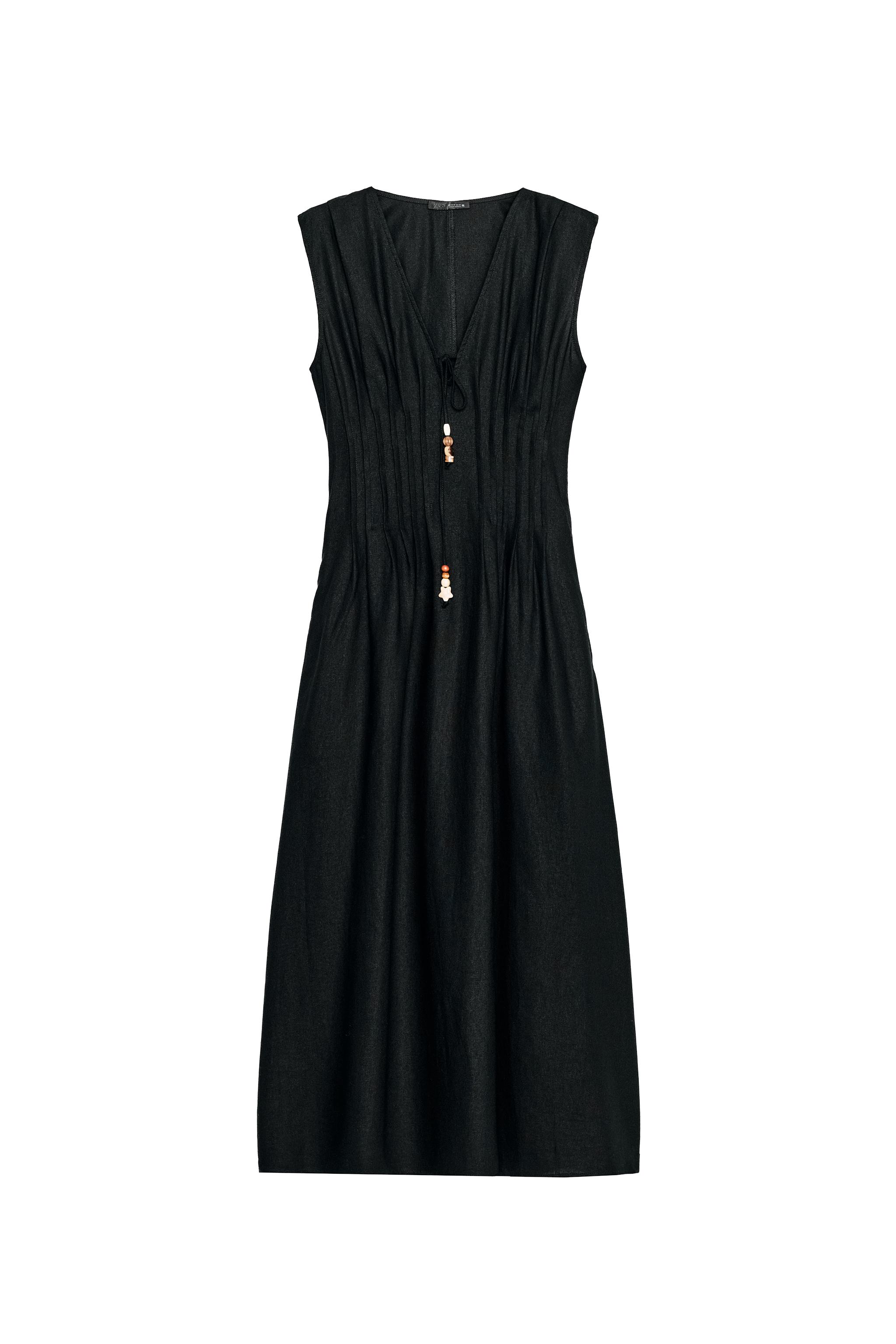 black linen dress zara Linen blend spaghetti strap midi dress - Black