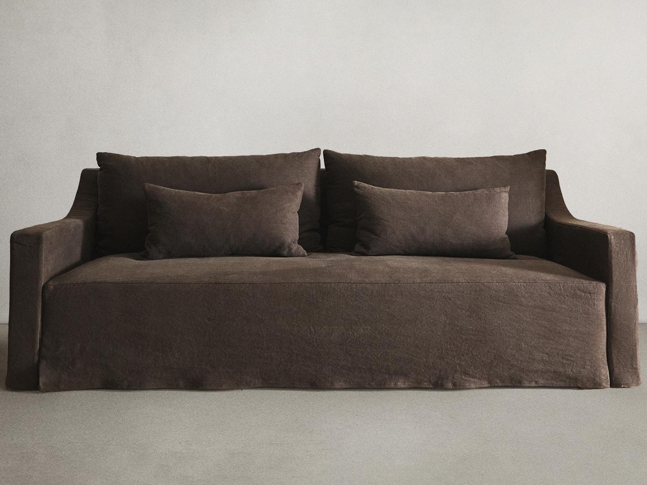 SOFA WITH REMOVABLE WASHED LINEN COVER — Dark brown