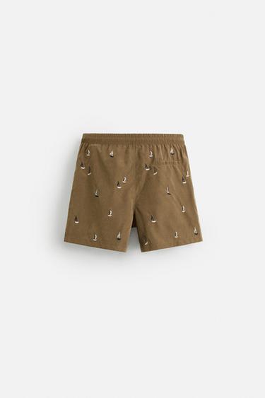 EMBROIDERED MID-LENGTH SWIMMING TRUNKS - Brown by Zara - Image 1