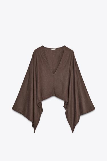 ASYMMETRIC LINEN BLEND KIMONO - Brown by Zara